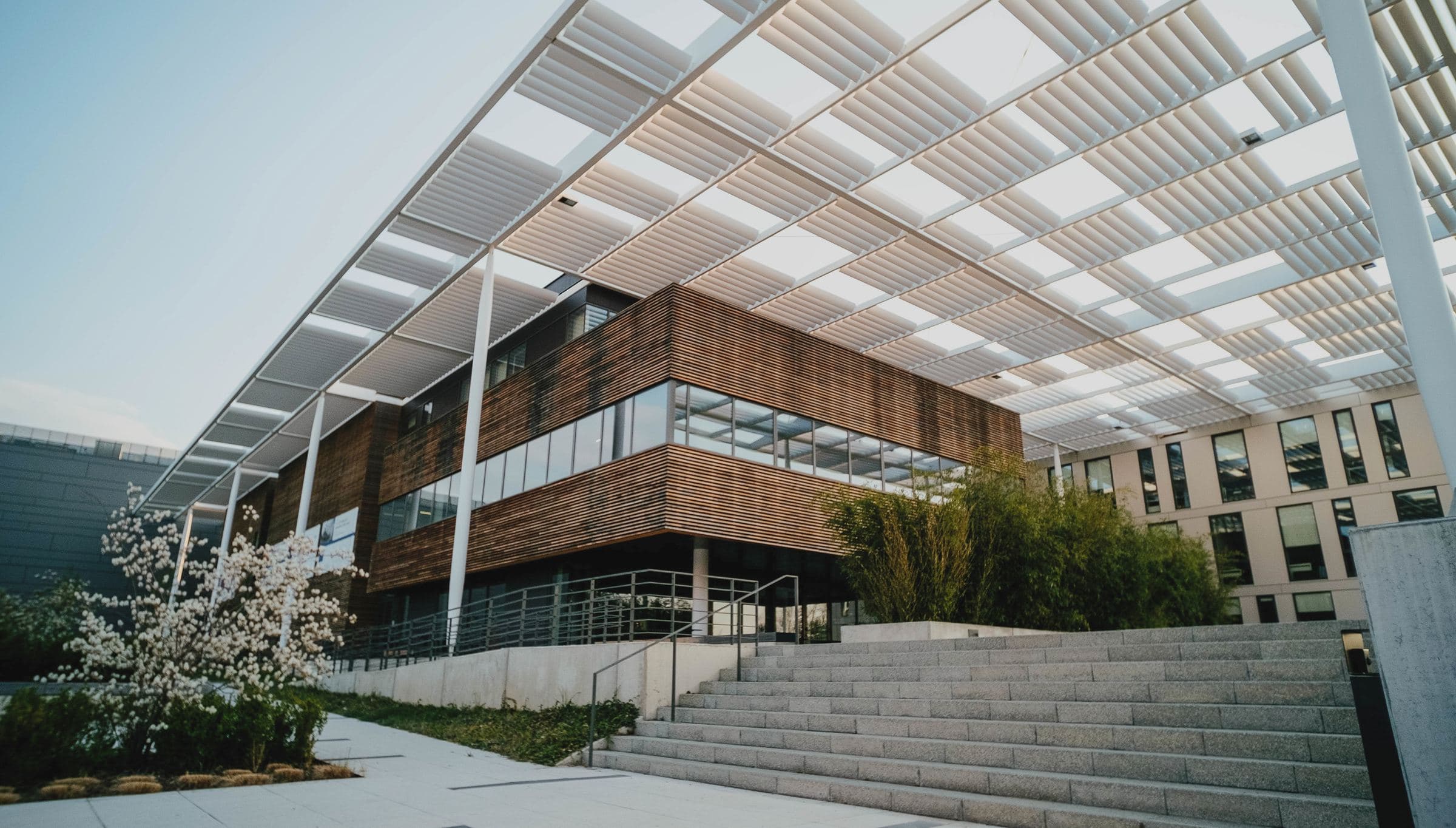 Modern building with a slatted canopy and wide stone stairs